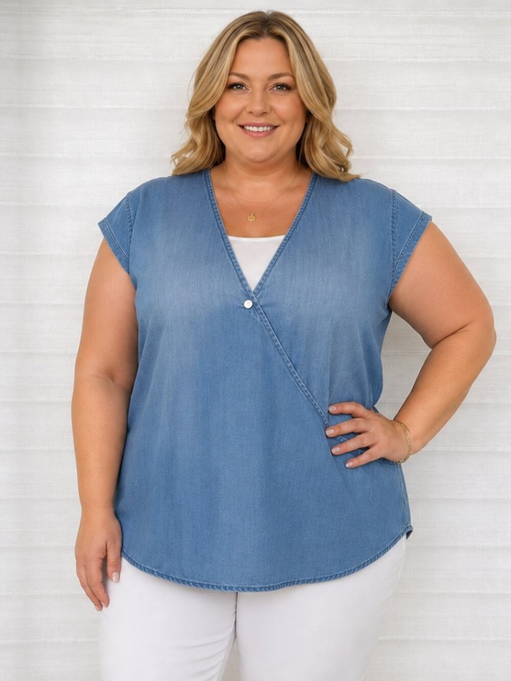 J. JILL Cap Sleeve Buttoned Crossover 100% Lyocell Denim Oversized Blouse S/L